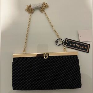 La Regale Black Beaded Evening Clutch w/ Gold Chain Strap | NWT
